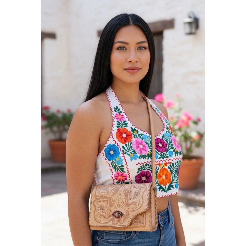 Vintage 60s 70s GAITAN Reversible Hand Tooled Leather Clutch Bag Handbag MEXICO